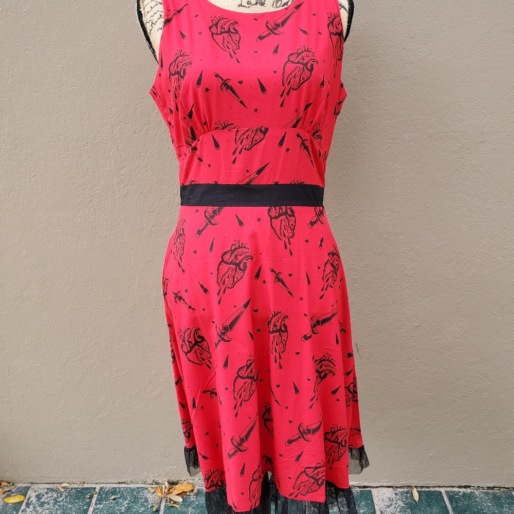 Sourpuss Red & Black Gothic Heart Print Midi Dress